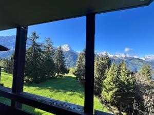 uma vista de uma janela de um campo verde e montanhas em THE ALPINE STUDIO proche du lac Frience, chiens admis, parking privé em Gryon