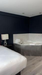 Hotel Newstar Montréal في مونتريال: غرفة نوم مع حوض استحمام وسرير