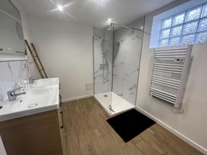 un bagno con doccia e lavandino di chez Corinne a Bray-Dunes
