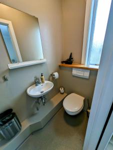 een badkamer met een wastafel, een toilet en een spiegel bij The Stykkishólmur Inn in Stykkishólmur