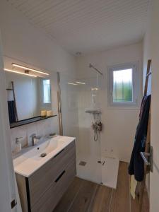 ein weißes Badezimmer mit Waschbecken und Dusche in der Unterkunft Maison 3 chambres Longeville in Longeville-sur-Mer