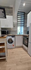 a kitchen with a washing machine and a dishwasher at Paisley Pattern Flat West End UWS UNI GLA Glasgow Airport in Elderslie