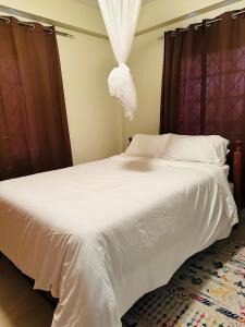 Schlafzimmer mit einem großen weißen Bett mit Vorhängen in der Unterkunft Fraser's Suites in Kingstown
