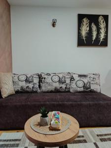 un divano con un tavolo con una torta sopra di Simic Apartmani Tara a Kaludjerske Bare