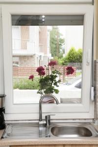 a kitchen sink with a window with a vase of flowers at Haris Studio 1 in Keramoti +21 photos