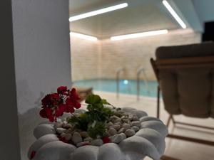 a vase with a red flower on a table next to a pool at Marini Casa in Ulcinj