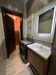 uma casa de banho com um lavatório e uma máquina de lavar roupa em Apartment Merabi em Batumi