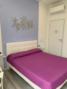 ein Schlafzimmer mit einem großen Bett mit einer lila Tagesdecke in der Unterkunft La Bussola Airport Affitta Camere in San Giovanni Teatino