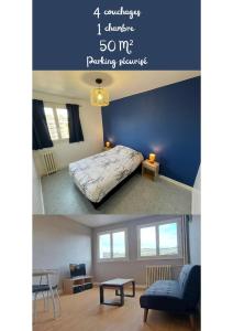 2 fotos de un dormitorio con 1 cama en una habitación en Centre ville T2 - Aurillac - Parking Gratuit - Proche de la gare - 1 chambre - 1 canapé lit en Aurillac