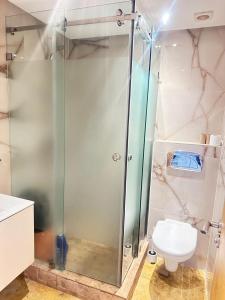 La salle de bains est pourvue d'une douche en verre et de toilettes. dans l'établissement Appartement de luxe dans une résidence fermée avec piscine, à Pont Blondin