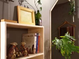 uma estante de livros com livros e uma garrafa verde em Casa Bendita Pacha em Mar del Plata