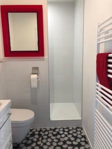 a bathroom with a white toilet and a mirror at appartement contemporain dans une authentique demeure viticole in Charnay-lès-Mâcon