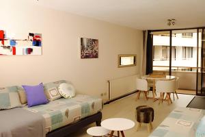 ein Wohnzimmer mit einem Sofa und einem Tisch in der Unterkunft Living Paris in Santiago