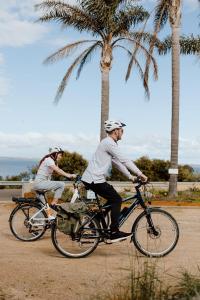 two men riding bikes down a road with palm trees at Kangaroo Island Seaview Motel in Kingscote