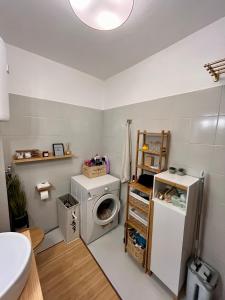 a bathroom with a washing machine and a washer at Sara Brela Apartment in Brela