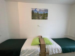 1 dormitorio con 2 camas y una foto en la pared en Apartments Konaci Kopaonik, en Kopaonik