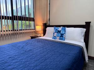 łóżko z niebieską kołdrą i poduszkami w sypialni w obiekcie The Rainier Bed & Breakfast 5 w San José