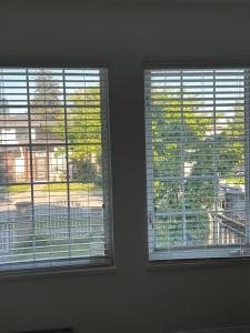 バーナビーにあるBeautiful Home in Burnaby (Metrotown Area)の窓2つ(ブラインド付)が備わる客室です。