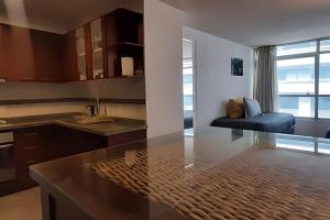 una cocina con fregadero y un sofá en una habitación en Apartamento Living Moneda (dp 302), en Santiago