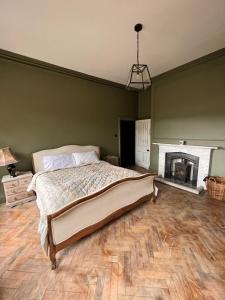 1 dormitorio con 1 cama grande y chimenea en Llanerchydol Hall Suites, en Welshpool