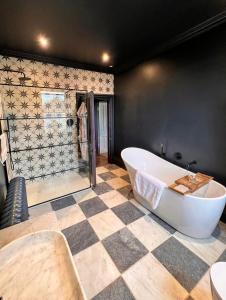 a large bathroom with a tub and a shower at Llanerchydol Hall Suites in Welshpool