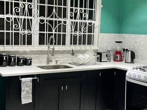 a kitchen counter with a sink and a window at Kai Dou in Roseau