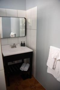 a bathroom with a sink and a mirror and towels at Kai Dou in Roseau