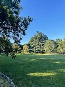 ein großes grünes Feld mit Bäumen im Hintergrund in der Unterkunft Casa en Ascochinga privado. Sierras de Córdoba in Ascochinga