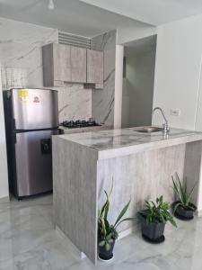 a kitchen with a stainless steel refrigerator and potted plants at Oasis Panelero Apartamento Familiar Villeta in Villeta