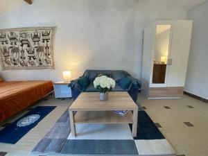ein Wohnzimmer mit einem Sofa und einem Couchtisch in der Unterkunft Maison Saint-Brevin-les-Pins, 1 pièce, 2 personnes - FR-1-364-158 in Saint-Brevin-les-Pins