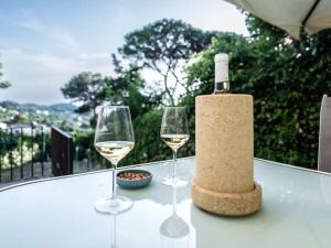 - deux verres de vin blanc et une bouteille sur une table dans l'établissement Holiday apartment Casina Montenero, à Montenero