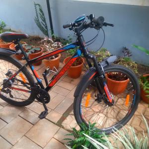 rower zaparkowany na patio obok niektórych roślin w obiekcie NEST Mdy w mieście Mananthavady