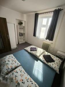 a bedroom with a bed with a blue table at Apartmán u potoka in Kestřany