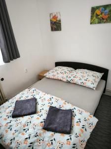 a bedroom with a bed with two pillows on it at Apartmán u potoka in Kestřany