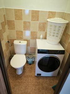 a small bathroom with a microwave and a toilet at Apartmán u potoka in Kestřany