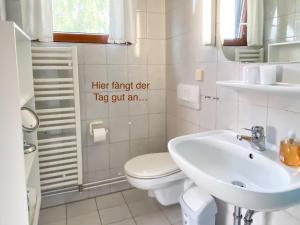a bathroom with a toilet and a sink at Ap Kiebitz - Haus Nordlichter in Wendtorf