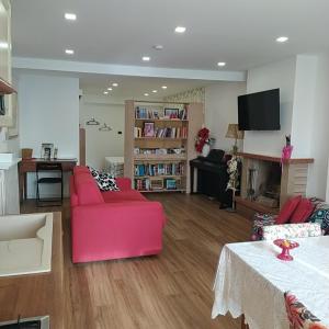 Torricella Peligna的住宿－la Casa sul Corso -- alloggio turistico -- appartamento open space，客厅配有粉红色的沙发和壁炉