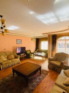 salon z kanapami i stolikiem kawowym w obiekcie luxurious apartment w mieście Az Zaqāzīq