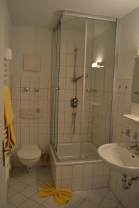 La salle de bains est pourvue d'une douche, de toilettes et d'un lavabo. dans l'établissement City-Hotel Cottbus, à Cottbus