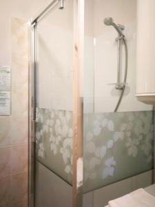 een douche met een glazen deur met bloemen erop bij Charme Le Cadran Solaire classé 4* in Sancey-le-Long