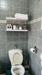 a bathroom with a toilet and some towels at Shiloh Inn in Gaborone