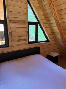 een bed in een kamer met 2 ramen bij The Mountain Villas in Hankavan