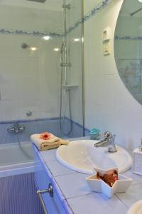uma casa de banho com um lavatório, um chuveiro e um espelho. em Apartment JANG em Tolmin