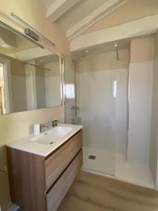 ein Badezimmer mit einem weißen Waschbecken und einer Dusche in der Unterkunft Apartamentos Calm & Nature en Liebana in Cabezón de Liébana