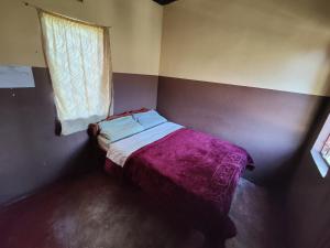 - une petite chambre avec un lit et une couverture violette dans l'établissement Simoonga Thandizani School, à Livingstone