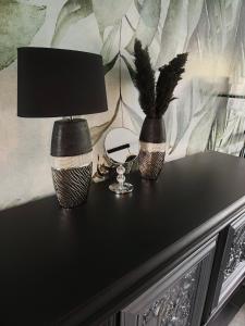 dos lámparas sentadas sobre una mesa negra en Oaza Spokoju, en Szczawno-Zdrój