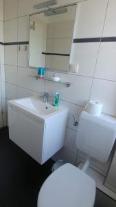 a white bathroom with a toilet and a sink at Haus Abendsonne Hochparterre klein in Koblenz +6 photos