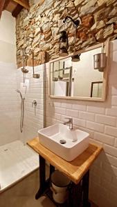 a bathroom with a sink and a mirror and a shower at La Casa Stregatta in Sassetta