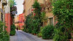 een lege straat in een stad met gebouwen en planten bij Le Paris in Cagliari