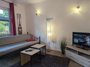 Gästehaus Koblenz Obergeschoss في فالندار: غرفة معيشة مع أريكة وتلفزيون